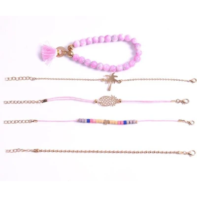 Afbeelding van CHARO 5 Delig Set Armbanden Palmboom Bolletjes Ananas Hartje Flosje Roze Goud Wit Modern Hip