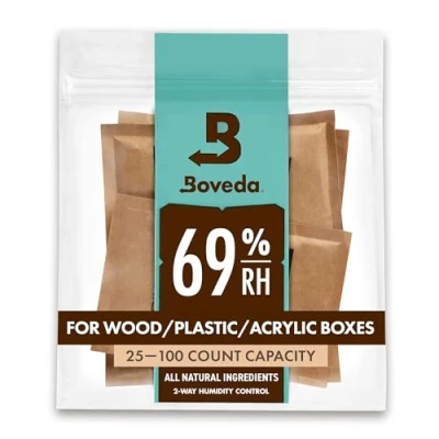 Afbeelding van Boveda voor sigaren/tabak 69% RV 2 way vochtregeling Maat 60 gebruik met elke 25 sigaren in een humidor Gepatenteerde technologie Hersluitbare zak 4 stuks