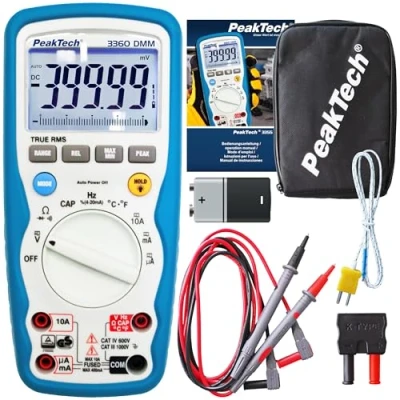 Afbeelding van PeakTech 3355 True RMS digitale multimeter, waterdicht (IP67), LCD display, 4000 counts, handmultimeter, autorang, REL data hold, spanningsmeter, doorgangstester, meetinstrument CAT III 1000 V, 1