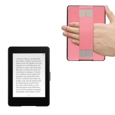 Afbeelding van kwmobile E reader hoesje geschikt voor Amazon Kindle Paperwhite hoes flip case van kunstleer Ereader cover met handband In poederroze / grijs