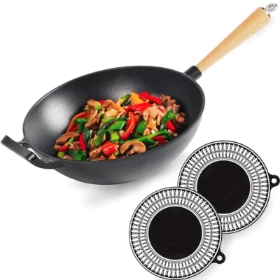 Afbeelding van Chefarone Wok gietijzer met emaille coating, gietijzeren pan, inductie afschroefbaar houten handvat, wokpan, gietijzer, grillpan, inductie, 28 cm diameter