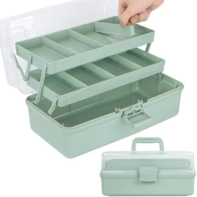 Afbeelding van Creahaus 35,6 cm 3 laags multifunctionele opbergdoos/ambachtelijke opbergdozen met compartimenten/plastic gereedschapskist/medicijnopbergdoos/haaraccessoires organizer/naaidoos 2 trays (groen)