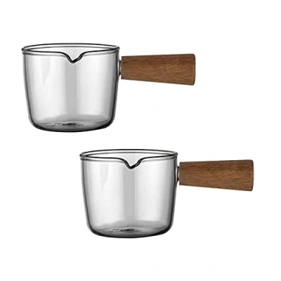 Afbeelding van Espresso Koffiekopjes Set van 2, Hoge Borosilicaatglazen Bekers, 50ml Transparant, met Houten Handvat, voor Espresso, Melk, Boter, Saus