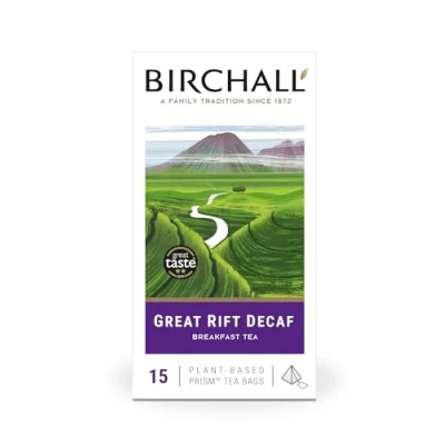 Afbeelding van Birchall Great Rift Decaf Blend theezakjes, Engelse ontbijt thee barst van volle smaak, perfecte veganistische geschenken, 15 plantaardige prisma theezakjes