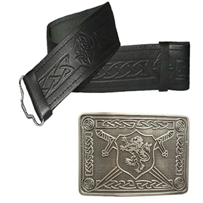 Afbeelding van Lederen kilt riem en gesp vele maten ontwerpen om uit te kiezen, Zwart in reliëf met antieke schildgesp, 107/122 cm