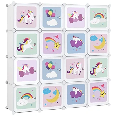 Afbeelding van SONGMICS Reksysteem met 16 kubussen, opbergkast voor kinderen, kledingkast deuren, schoenenrek van kunststof, steekrek, multifunctioneel, schoenen, speelgoed, 123 x 31 cm, wit LPC906W01