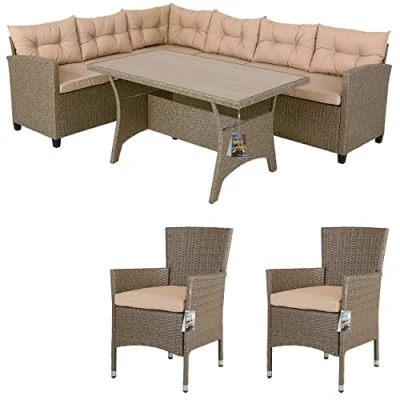 Afbeelding van Casaria Polyrattan Hoeklounge Hoekbank &amp; 2 Tuinstoelen Beige