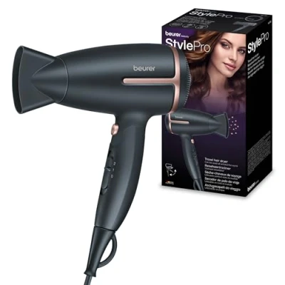 Afbeelding van Beurer HC 25 Föhn Compacte Reisföhn Wereldwijd gebruik Ionische haardroger Inklapbaar 1600 Watt 3 Jaar garantie Zwart/brons