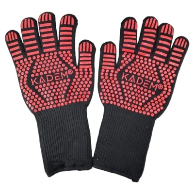 Afbeelding van Uniseks barbecuehandschoenen, hittebestendig tot 800 C, vuurvast, antislip, klassiek zwart rood, L/XL