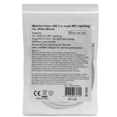 Afbeelding van Mobilize Cable USB C to Apple MFi Lightning 1m. 60W White (BULK)
