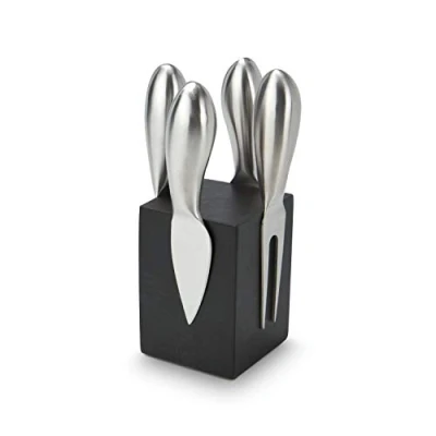 Afbeelding van ROMINOX Cadeauartikel kaasmessenblok // Novo kaasaccessoires set, 5 delig, moderne kaasmessenset, magnetisch houten blok, 4 kaasbestek; afmetingen: ca. 8 x 15,5 cm