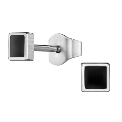 Afbeelding van Traveller Oorbellen Heren Edelstaal Zwart &amp; Zilverkleurig Vierkant Made in Germany Duurzaam 4 mm 171001