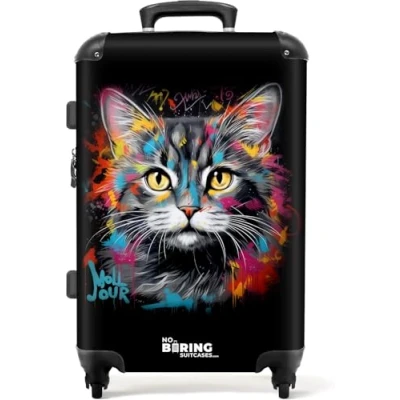 Afbeelding van NoBoringSuitcases.com® Koffer groot Rolkoffer lichtgewicht Kat met kleurrijke penseelstreken Reiskoffer 4 wielen Grote trolley XL 20 kg bagage