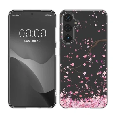 Afbeelding van kwmobile telefoonhoesje geschikt voor Samsung Galaxy S23 FE Hoesje smartphone in poederroze / donkerbruin transparant Kersenbloesembladeren design