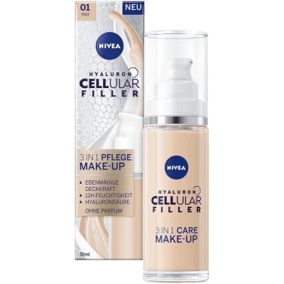 Afbeelding van NIVEA Hyaluron Cellular Filler 3 in 1 verzorgende make up #01 Licht (30 ml), hydraterende foundation met hyaluron, gezichtsmake