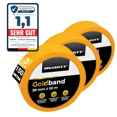 Afbeelding van HASKYY Goldband schildercrêpe crêpe Tape professionele 3x schilderband 38mm x 50m afplakband schildertape Washi