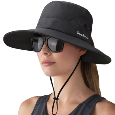 Afbeelding van DRESHOW Vrouwen Zonnehoed UV bescherming Hoed Opvouwbaar Mesh Brede Rand Visserij Paardenstaart Strand Emmer Hoeden met Bril