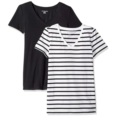 Afbeelding van Amazon Essentials T shirt voor dames, klassieke pasvorm, korte mouwen, V hals, set van 2, zwart/wit gestreept, XS