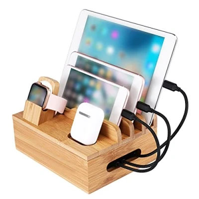 Afbeelding van Hout laadstation, oplader opslagorganisator voor meerdere apparaten thuiskantoor Mobiele telefoons Tablet Oordopjes Oortelefoon (GEEN USB oplader)