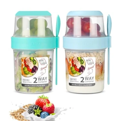 Afbeelding van SinLaw 2 stuks mueslibekers to go, yoghurtbekers voor onderweg met lepel, yoghurt go beker, dubbellaags, lekvrije yoghurtbeker, slabeker (groen + blauw (310 ml 560 ml)