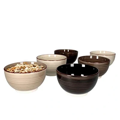 Afbeelding van MamboCat Grey 6 delige set mueslikommen, grijs, robuuste aardewerkkommen voor personen, mueslischaal en bijgerechtenschaal met wervelpatroon, grijze muesli kom 600 ml, stuks
