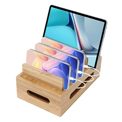 Afbeelding van Buachois Houten laadstation voor meerdere apparaten, universele houder dockingstation, USB multi oplader organizer, compatibel met telefoon, tablet, horloge, oordopjes