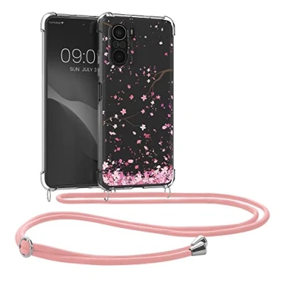 Afbeelding van kwmobile telefoonhoesje compatibel met Xiaomi Mi 11i / Poco F3 Hoesje Case koord In poederroze/donkerbruin/transparant Kersenbloesembladeren