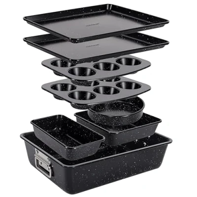 Afbeelding van NutriChef 8 delige Stapelbare Antiaanbak Bakvormenset Bakplaten Set vrij van PFOA, PFOS en PTFE met Antiaanbaklaag Ovenbestendig tot 230C ronde Taartvorm, Bakvorm, Muffinvorm,Bakplaat