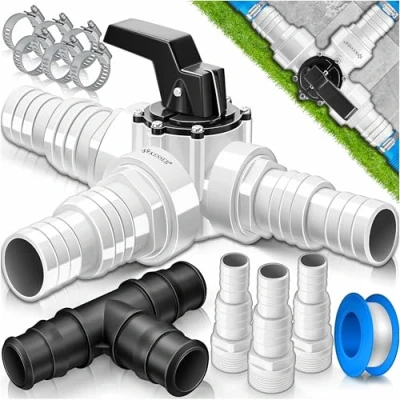 Afbeelding van KESSER® Bypass Zwembadset, 12 delig, 3 wegventielaansluiting en ABS adapter Ø 32 38 mm, met 6 x roestvrijstalen slangklemmen 8 m teflon afdichtband, ideaal voor zandfilterinstallatie, warmtepomp