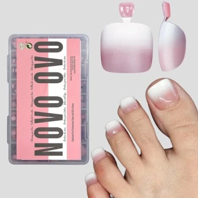 Afbeelding van NOVO OVO French Tip OMBRE Toe Nail Tips Press on, Zachte Gel Fake Teennagel Extension, BERRY Vierkante Ronde Vooraf aangebrachte Primer &amp; Base Coat, Volledige Cover Matte Valse Nagels voor