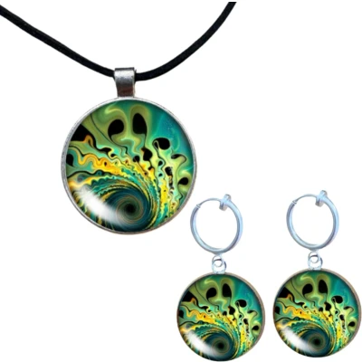 Afbeelding van Set ketting Pauw klem oorbellen verstelbaar groen Charme Bijoux