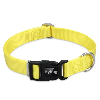 Afbeelding van Hyhug Huisdieren ontwerp effen kleur Heavy Duty klassieke basic nylon halsband, uniek aanpassing triglide dia (gesp), kan hondenpenning installeren (medium, verlichtend geel)