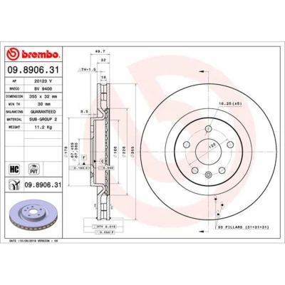 Afbeelding van BREMBO 09.8906.31 Remschijf 355 32 5 interne ventilatie Gecoat High carbon CHEVROLET: Camaro V Coupe