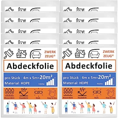 Afbeelding van ZWERKZEUG® 10 stuks 4 m x 5 kunststoffolie, stofbescherming, transparant, kunststof zeil, schilderzeil, dekzeil voor renovatiewerkzaamheden (12μm stuks)
