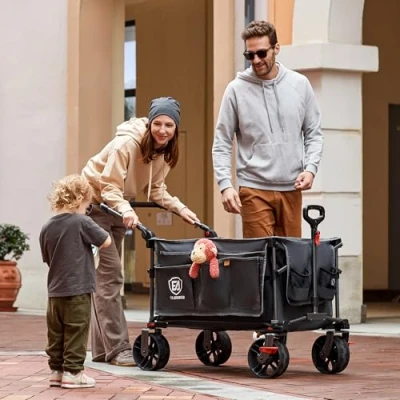Afbeelding van EVER ADVANCED XXL bolderkar, opvouwbaar, 225 l tot 150 kg, met rem, dak, handwagen, schuiven en trekken, inklapbaar, strandwagen, 20 x 8 cm brede wielen, vouwwagen voor camping, strand, winkelen