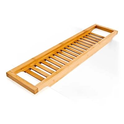 Afbeelding van Relaxdays bamboe badrekje 65 x 15 cm badplank rooster look badbrug met houders