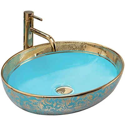 Afbeelding van REA Margot Opzetwastafel Waskom 52 x 40 13.5 cm Glans Blauw Goud