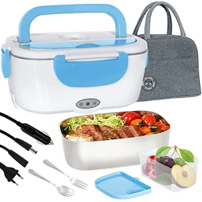 Afbeelding van Poligono elektrische lunchbox, voedselverwarmer, 220 V, 12 1,5 l, draagbare broodtrommel voor huishouden en auto, container van roestvrij staal 304, blauw