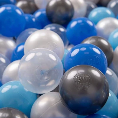 Afbeelding van KiddyMoon 100 ∅ 7cm kinderballen speelballen voor ballenbad baby plastic ballen made in eu, parel/blauw/babyblauw/transparant/zilver