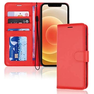 Afbeelding van TECHGEAR Beschermhoes voor iPhone 12 Mini Portemonnee Leren Hoesje met Beschermende Klap,Kaartsleuven, Kickstand en Polsband, Rood PU Leer Compatibel 5,4 inch
