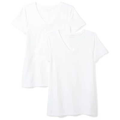 Afbeelding van Amazon Essentials Women&#039;s T shirt met korte mouwen en V hals in klassieke pasvorm, Pack of 2, Wit, XL
