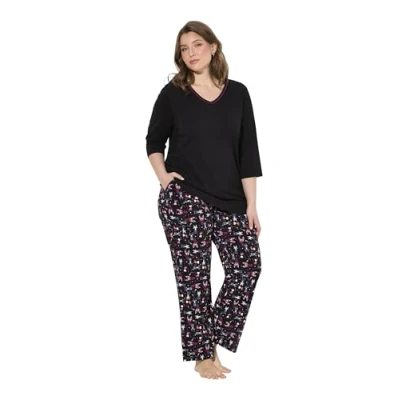 Afbeelding van Ulla Popken grote maten plus size pyjama, katten, V hals, 3/4 mouwen, zakken, zwart, 42 44