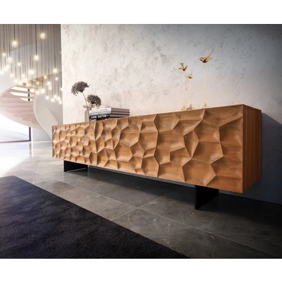 Afbeelding van DELIFE Tv meubel Solu 220 cm acacia natuur 2 deuren 4 laden onderstel zwevend metaal zwart 3D front