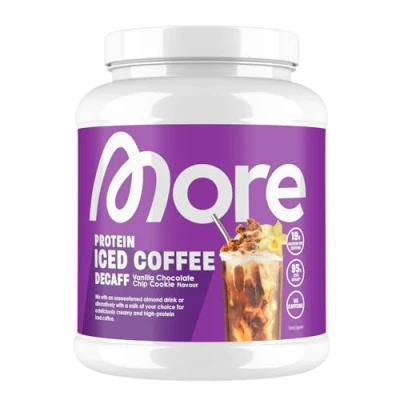 Afbeelding van MORE Protein Iced Coffee, Vanilla Chocolate Chip Cookie Decaff, 500 g, 20 Porties Proteïnepoeder met Koffie Gemaakt in Duitsland, Laboratorium Getest