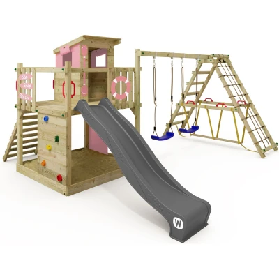 Afbeelding van WICKEY speeltoestel klimtoestel Smart Surf met schommel &amp; pastelroze glijbaan, outdoor klimtoren voor kinderen zandbak, ladder speelaccessoires de tuin