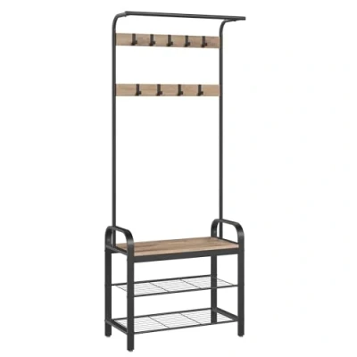 Afbeelding van VASAGLE kapstok, kledingkast, met schoenenbank, 4 in 1 design, 9 afneembare haken, kledingroede, entree, hal, 33,7 x 72 183 cm, industrieel kameelbruin inktzwart HSR040K02