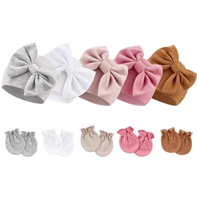 Afbeelding van DRESHOW Katoenen handschoenen, 3 paar handschoenen en 5 stuks mutsen voor pasgeborenen, jongens, meisjes, 0 maanden, One size