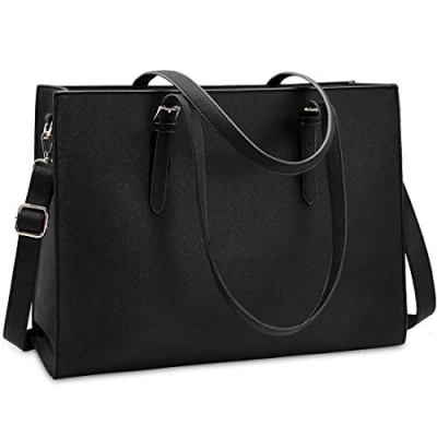 Afbeelding van NUBILY handtas, shopper, voor dames, grote, zwarte leren schoudertas, werktas, grote laptop businessschool tas, 39,6 cm, zwart, Large