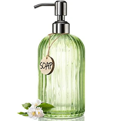 Afbeelding van JASAI 18oz Verticale Gestreepte Groene Zeepdispenser met 304 Roestbestendige Roestvrijstalen Pomp, Hervulbare Lotion voor Badkamer, Keuken, Handzeep, Afwasmiddel (Helder Groen)