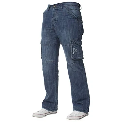 Afbeelding van ENZO Heren Designer Cargo Combat Jeans Denim Broek Alle Taille Maten, Midden Stonewash, 32W / 32L